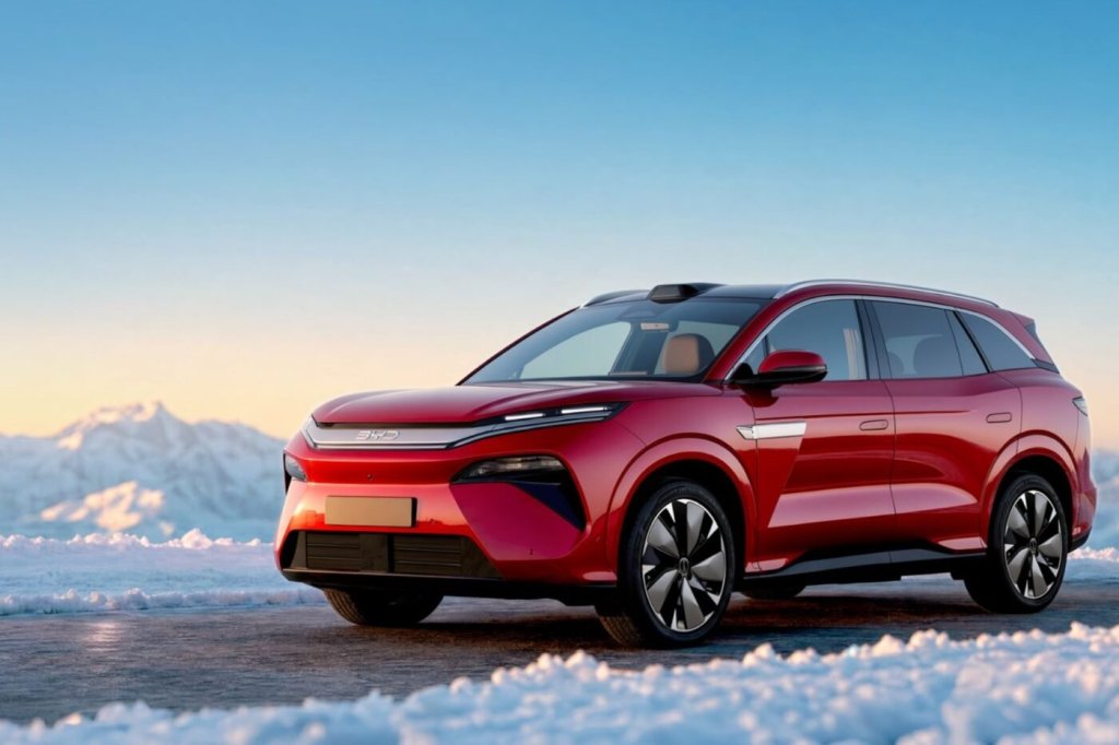 BYD Atto 8 rossa vista di tre quarti anteriore, su una strada innevata con le montagne al tramonto